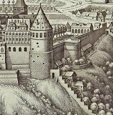 Detail of a copper engraving of Heidelberg Castle and garden, by Matthäus Merian, circa 1620