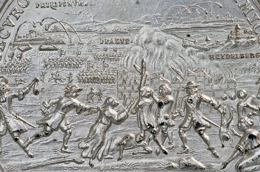 Image: Heidelberg Palace, Palatinate medal depicting the Nine Years' War in Koblenz, Heidelberg and Philippsburg, 1688.